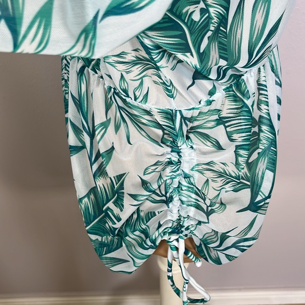 tropical leaf print mesh plunge swimsuit cover up romper L | Miami resortwear - Picture 8 of 9